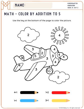 Color by Addition - kindergarten worksheet preview