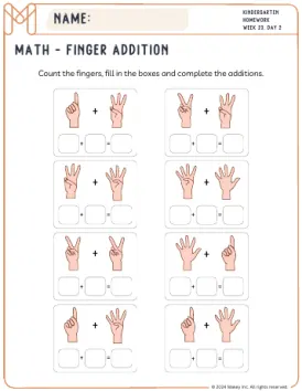 Finger Addition - kindergarten worksheet preview
