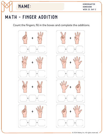Finger Addition - kindergarten worksheet preview