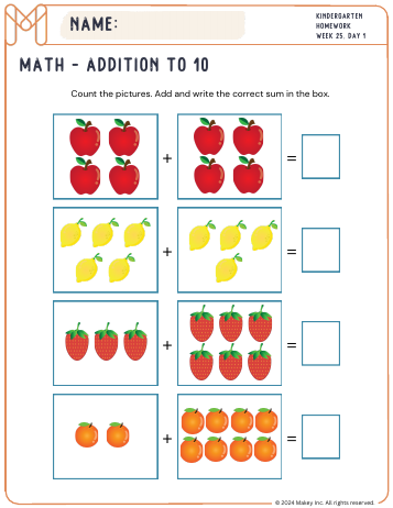 Addition to 10 - kindergarten worksheet preview