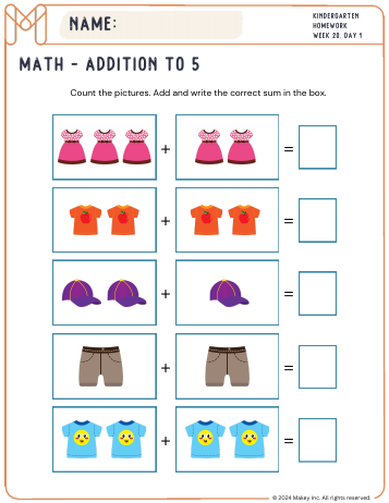 Addition to 5 - kindergarten worksheet preview