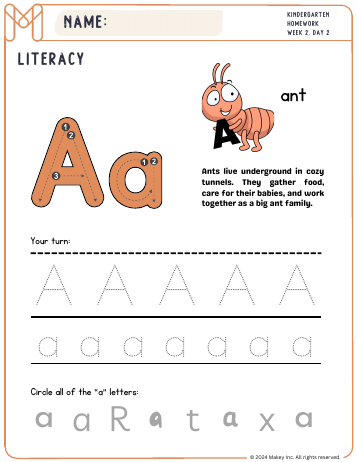 Aa is for Ant · letter pages - kindergarten worksheet preview