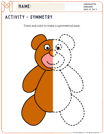Symmetry: Bear, Chick, Watermelon, Reindeer - kindergarten worksheet preview