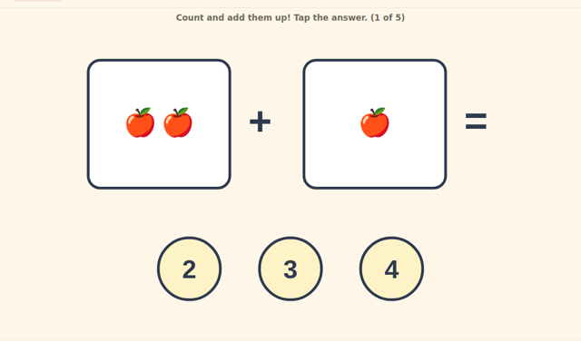 Addition to 5 online - count the pictures, tap the sum
