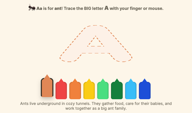 “Aa is for Ant” - the interactive twin of the printable page