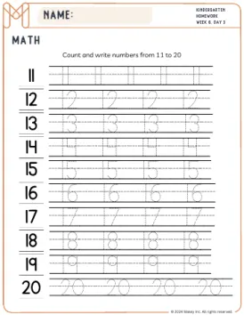 Numbers 11-20 - kindergarten worksheet preview