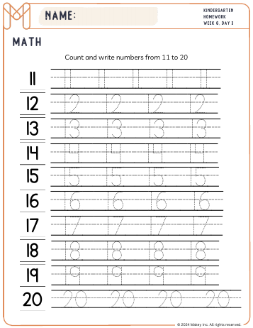 Numbers 11-20 - kindergarten worksheet preview