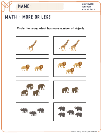 More or Less? - kindergarten worksheet preview