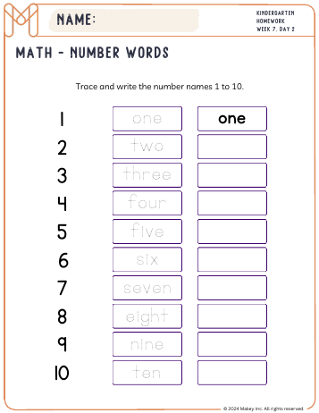 Number Words 1-20 - kindergarten worksheet preview