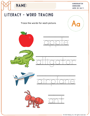 Aa-Zz Word Pages - kindergarten worksheet preview