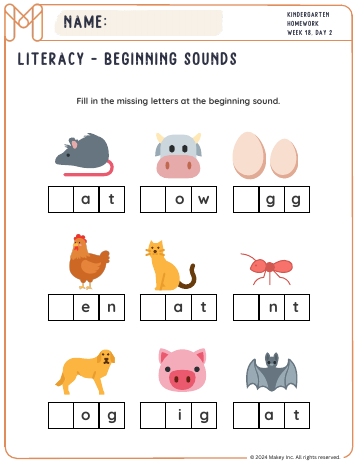 Beginning Sounds I-IX - kindergarten worksheet preview