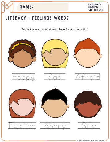 Feeling Words - kindergarten worksheet preview