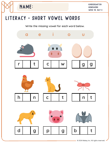Short Vowel Words I-IX - kindergarten worksheet preview