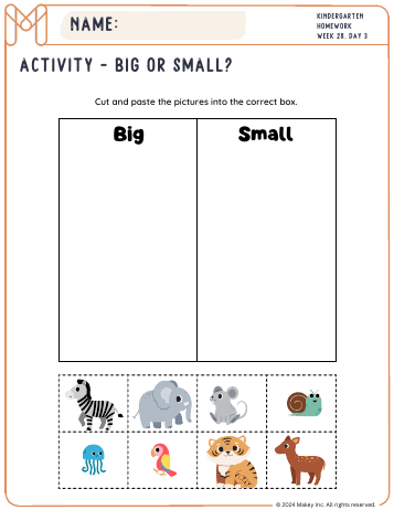 Big or Small? & Sorting - kindergarten worksheet preview