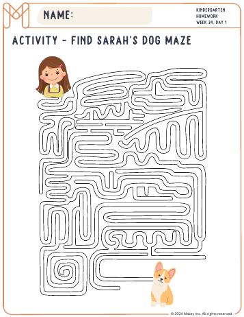 Find Sarah’s Dog - kindergarten worksheet preview