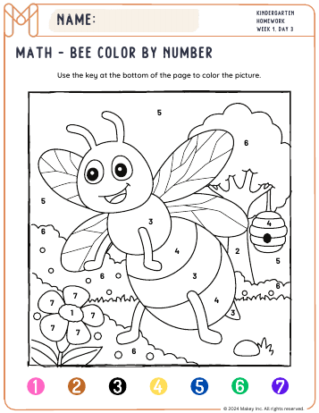 Bee Color by Number - kindergarten worksheet preview