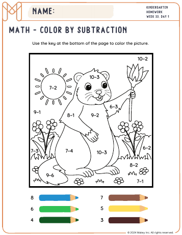 Color by Subtraction - kindergarten worksheet preview