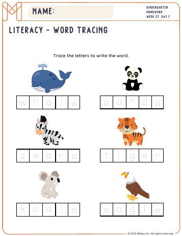 Animal Word Tracing - kindergarten worksheet preview