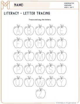 Apple Letter Tracing - kindergarten worksheet preview