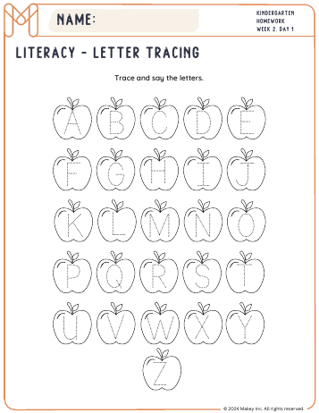 Apple Letter Tracing - kindergarten worksheet preview