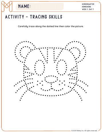 Tiger, Cow, Cat & Bee Tracing - kindergarten worksheet preview